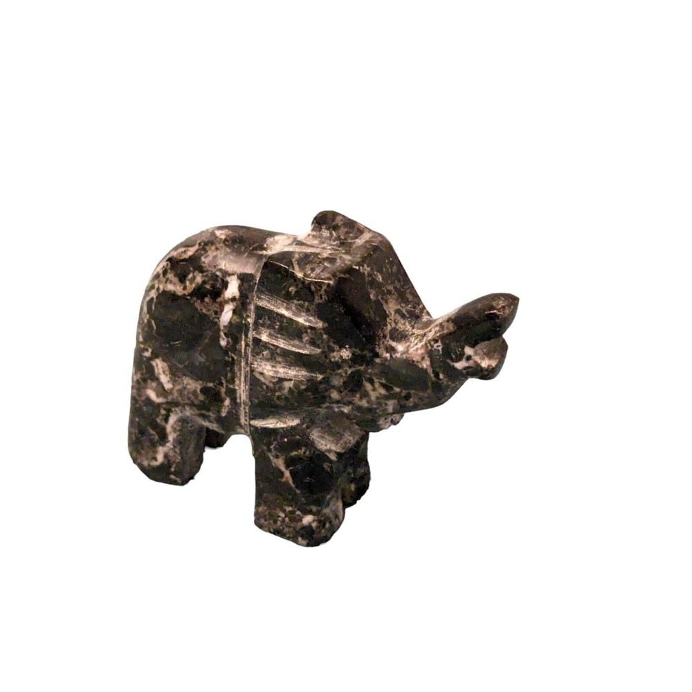 Hand Carved Black & White Onyx Marble Elephant Figurine Trunk Up 2.5" By 2.5"